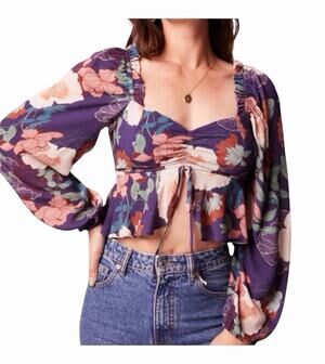 Band of the Free NWT Floriane Purple Floral Balloon Sleeve Crop Top Women Large